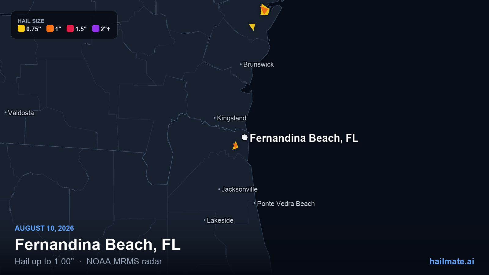 Hail swath map for Fernandina Beach, FL on August 10, 2026 showing 1.00 inch hail.
