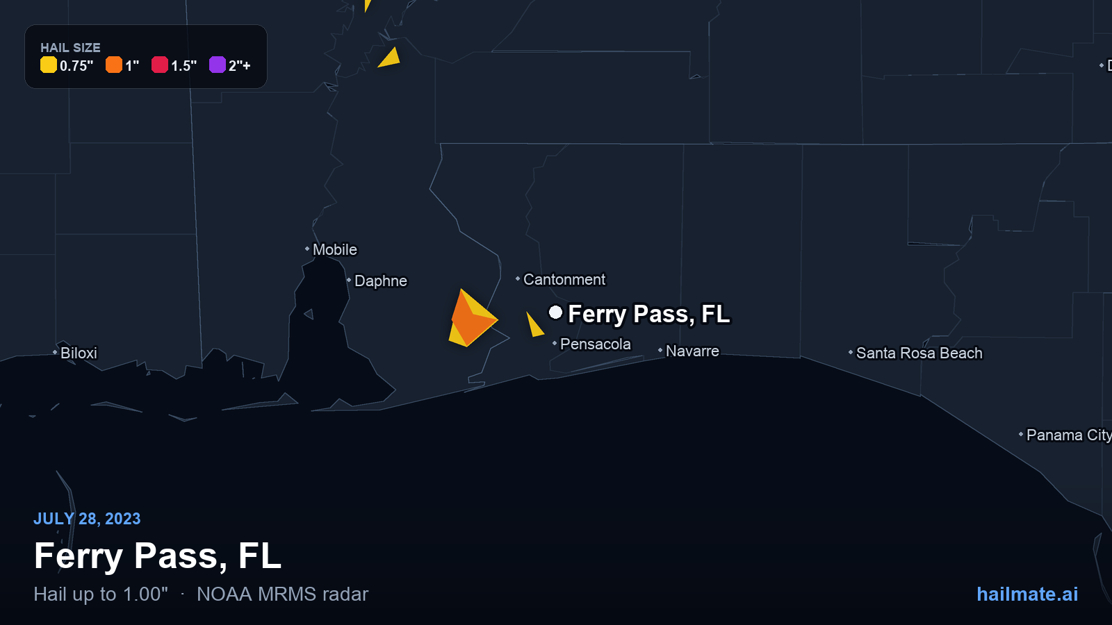 Hail swath map for Ferry Pass, FL on July 28, 2023 showing 1.00 inch hail.