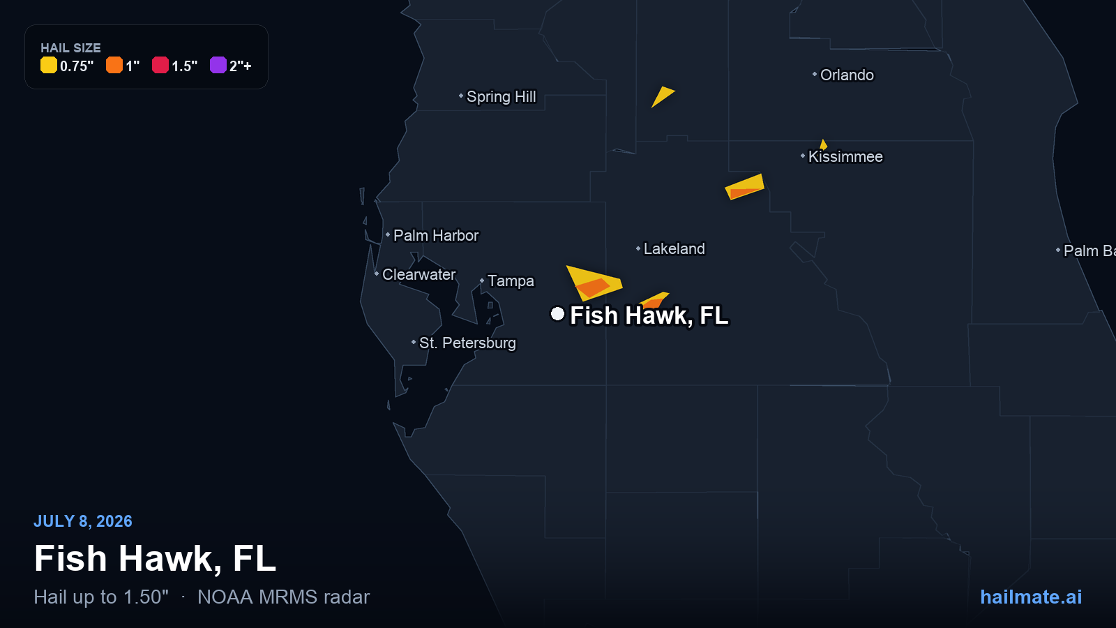 Hail swath map for Fish Hawk, FL on July 8, 2026 showing 1.50 inch hail.