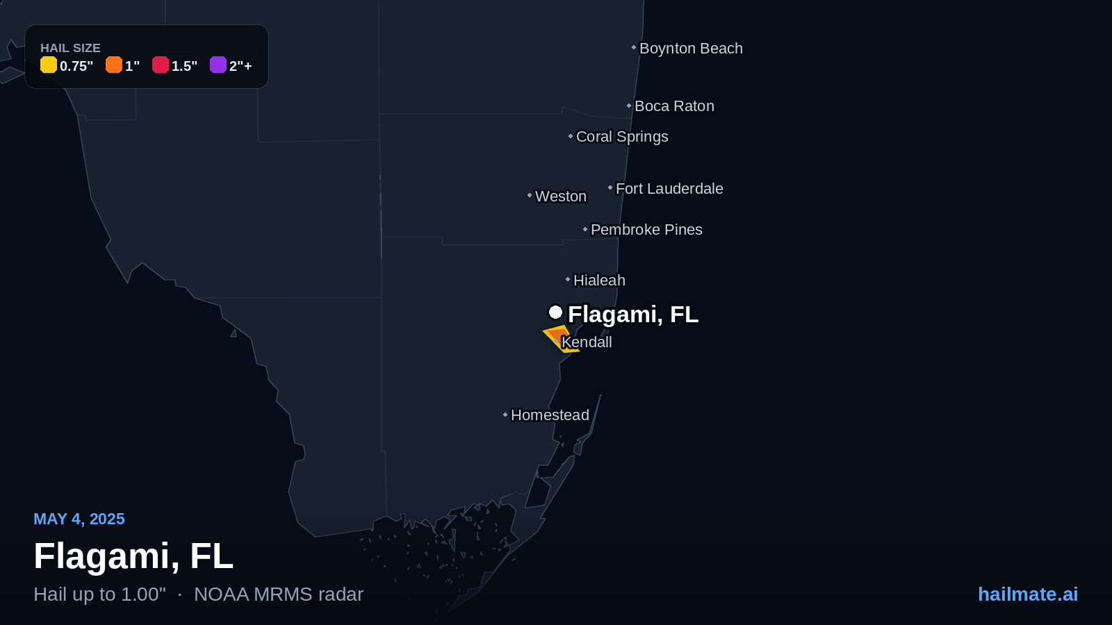 Hail swath map for Flagami, FL on May 4, 2025 showing 1.00 inch hail.