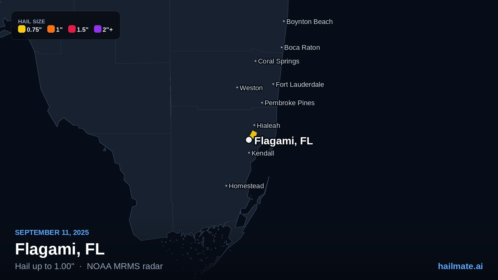 Hail swath map for Flagami, FL on September 11, 2025 showing 1.00 inch hail.