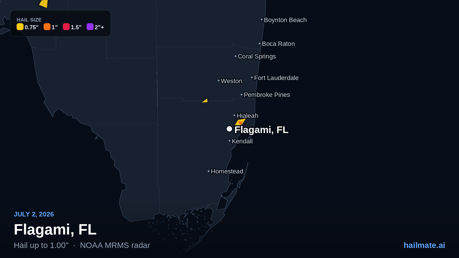 Hail swath map for Flagami, FL on July 2, 2026 showing 1.00 inch hail.