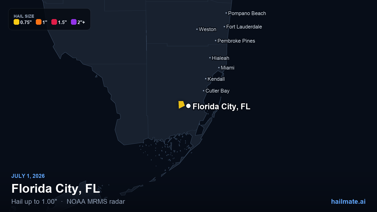 Hail swath map for Florida City, FL on July 1, 2026 showing 1.00 inch hail.