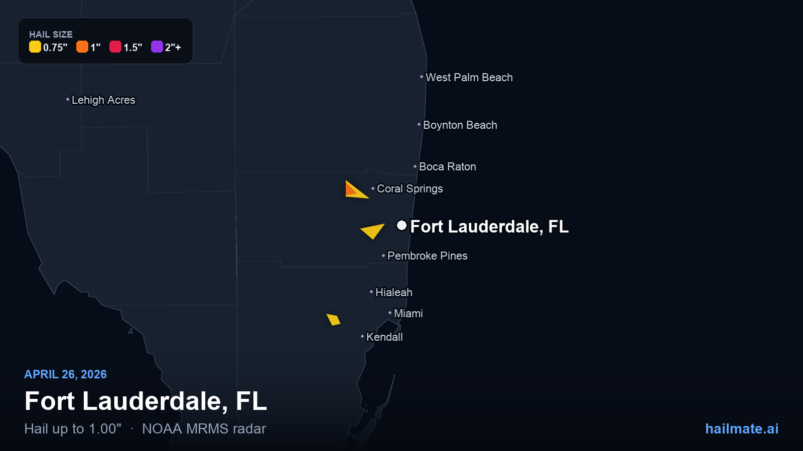 Hail swath map for Fort Lauderdale, FL on April 26, 2026 showing 1.00 inch hail.