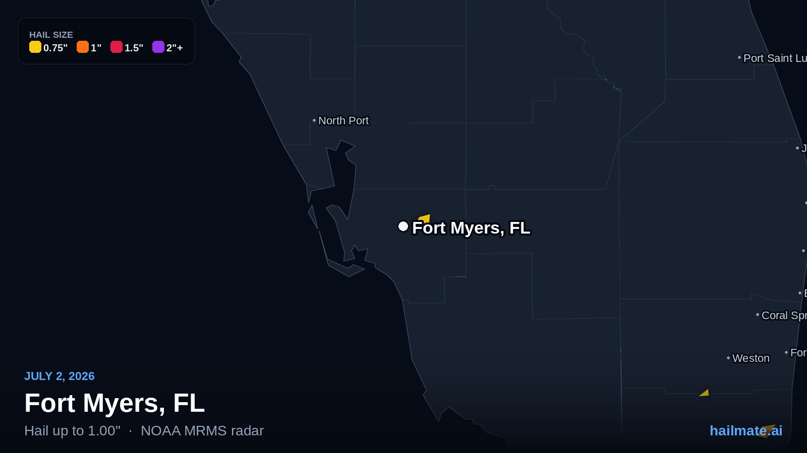 Hail swath map for Fort Myers, FL on July 2, 2026 showing 1.00 inch hail.