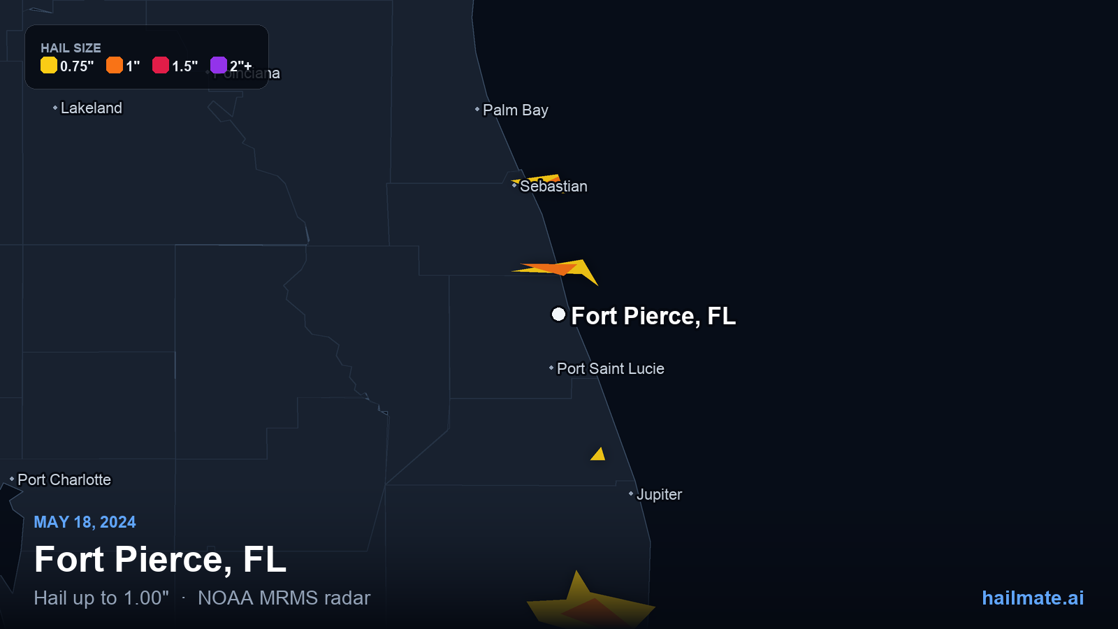 Hail swath map for Fort Pierce, FL on May 18, 2024 showing 1.00 inch hail.