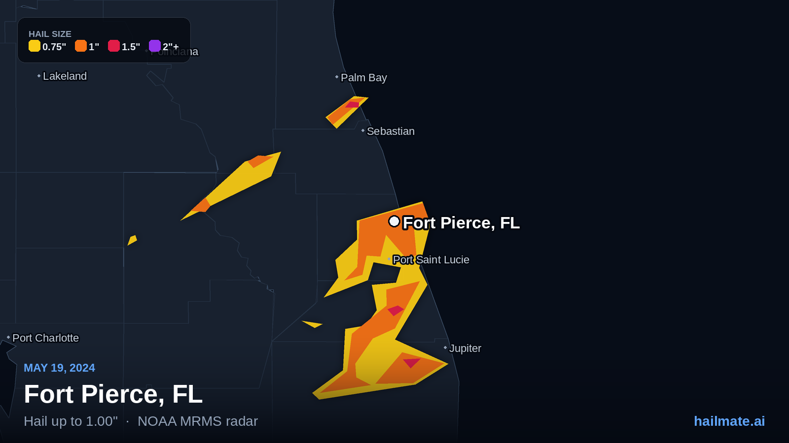 Hail swath map for Fort Pierce, FL on May 19, 2024 showing 1.00 inch hail.