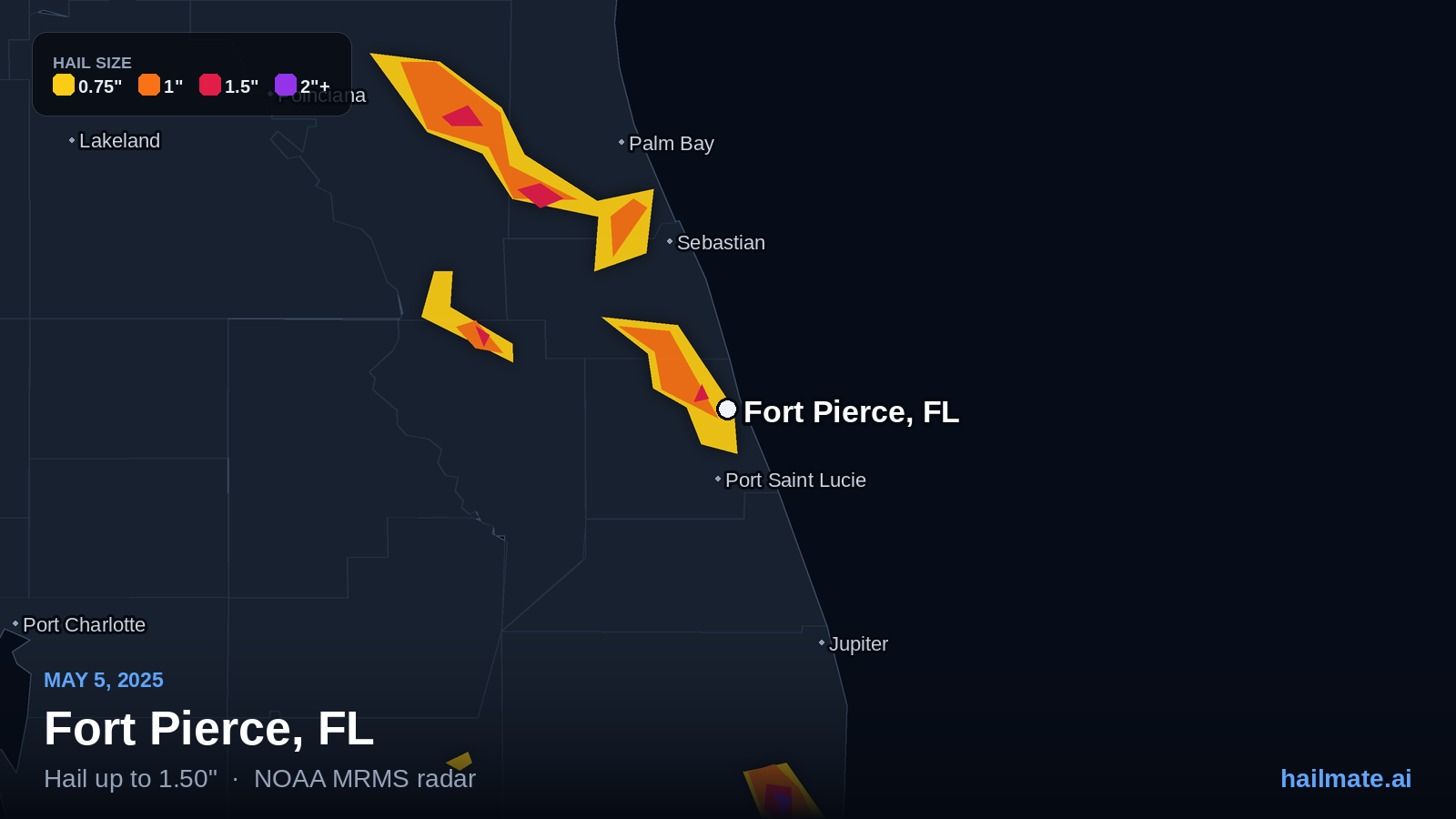 Hail swath map for Fort Pierce, FL on May 5, 2025 showing 1.50 inch hail.