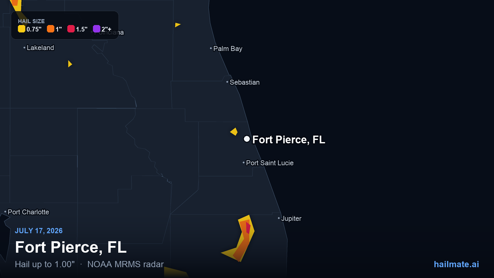 Hail swath map for Fort Pierce, FL on July 17, 2026 showing 1.00 inch hail.