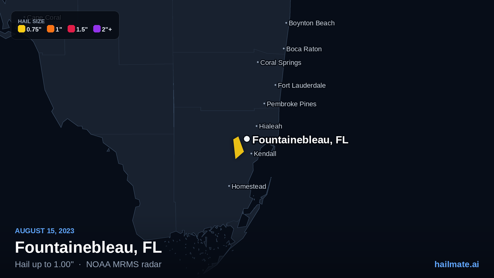 Hail swath map for Fountainebleau, FL on August 15, 2023 showing 1.00 inch hail.