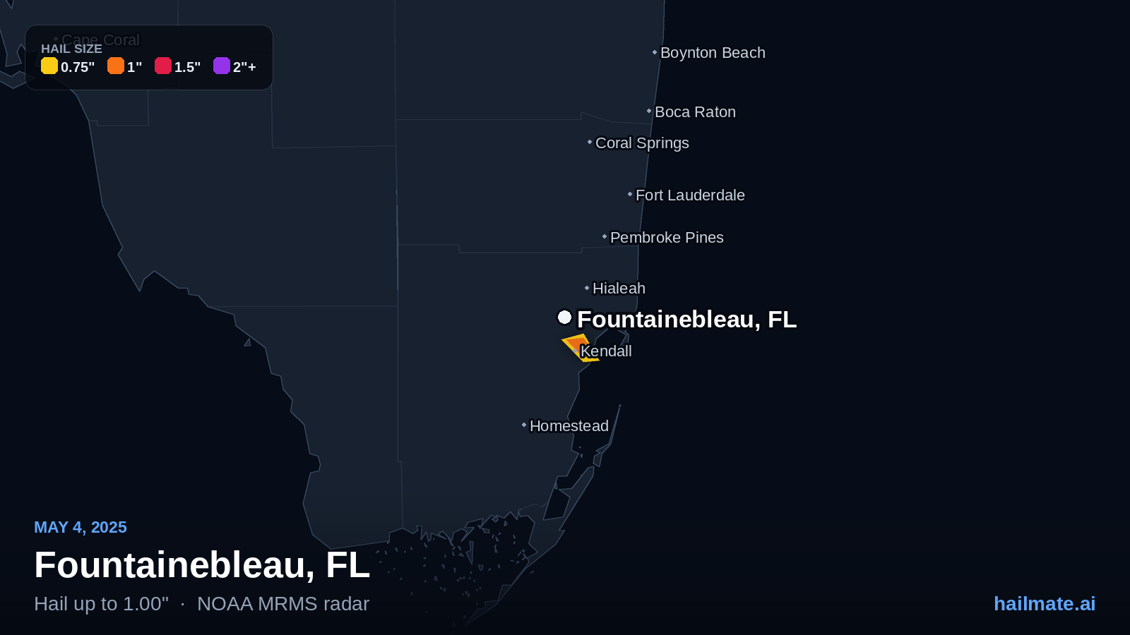 Hail swath map for Fountainebleau, FL on May 4, 2025 showing 1.00 inch hail.