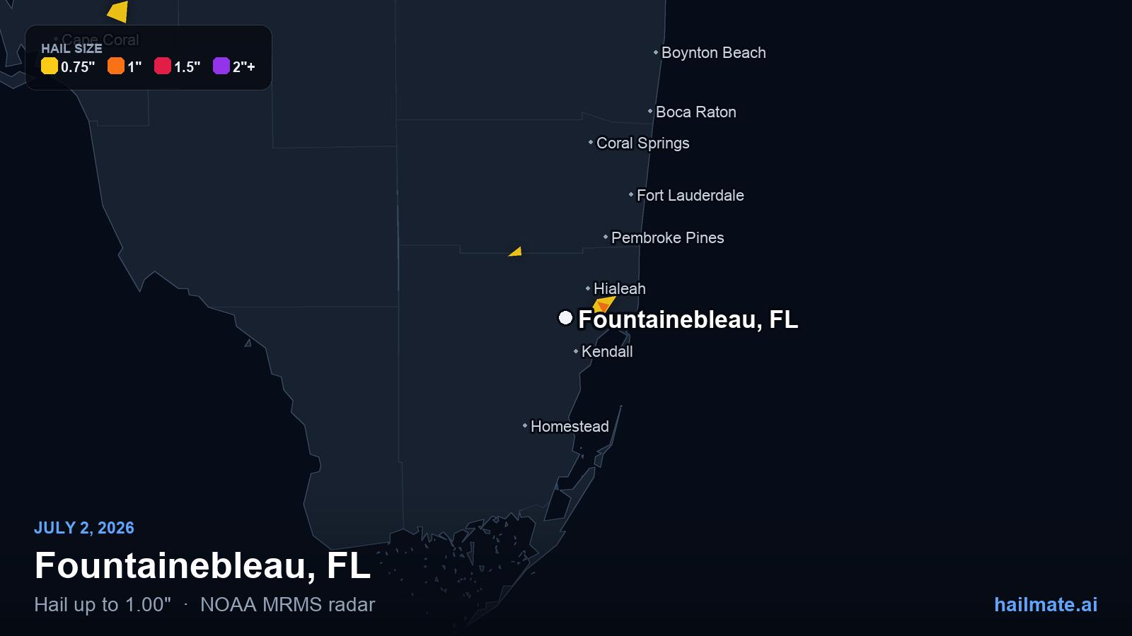 Hail swath map for Fountainebleau, FL on July 2, 2026 showing 1.00 inch hail.