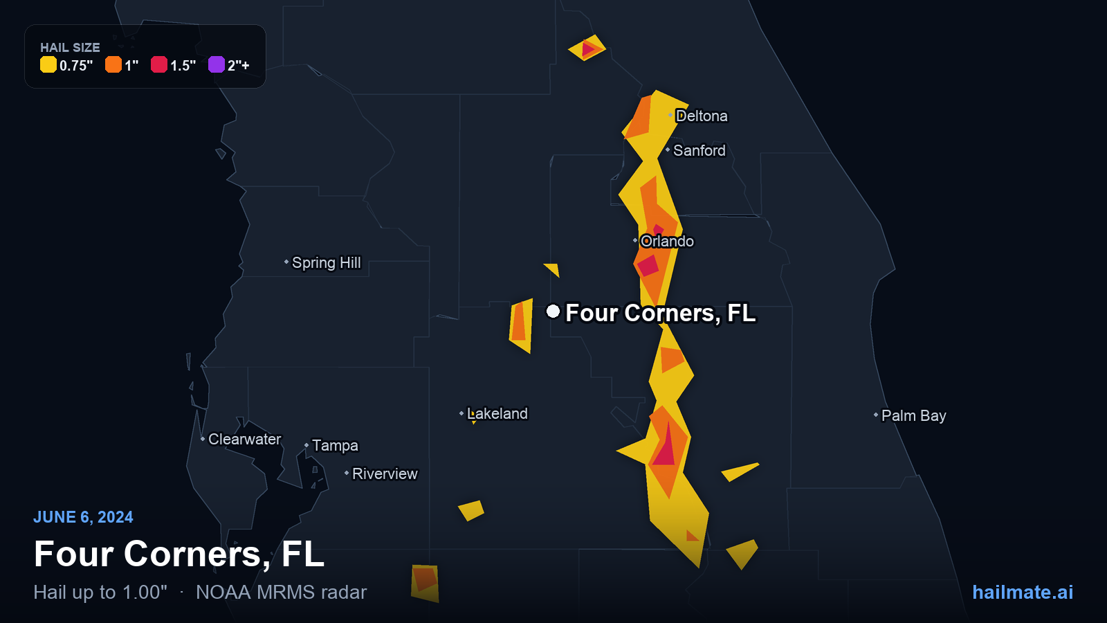 Hail swath map for Four Corners, FL on June 6, 2024 showing 1.00 inch hail.