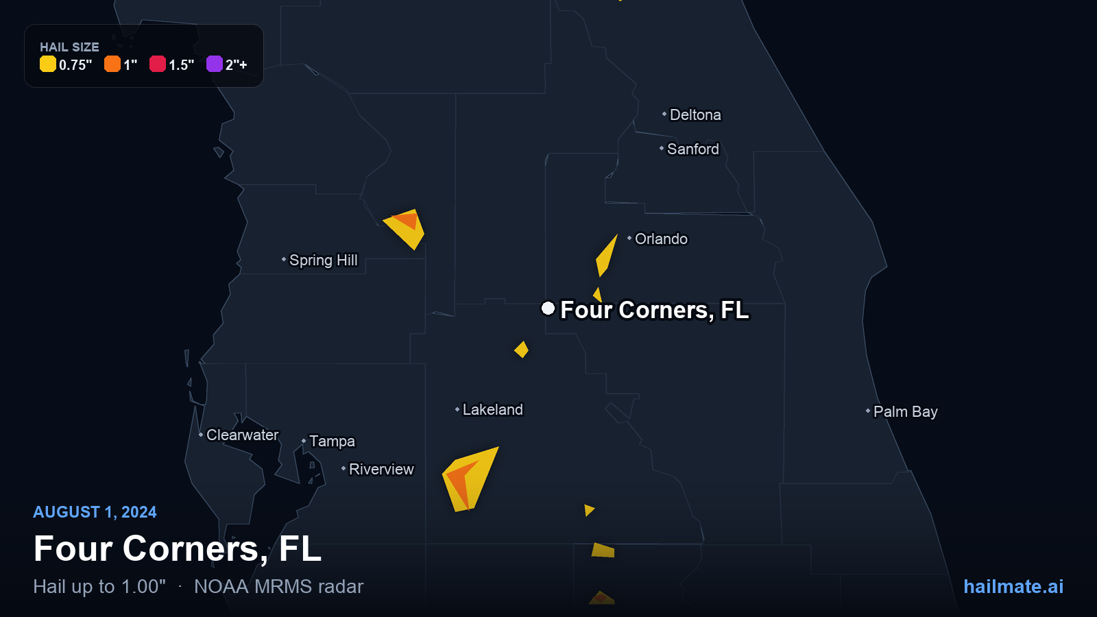 Hail swath map for Four Corners, FL on August 1, 2024 showing 1.00 inch hail.