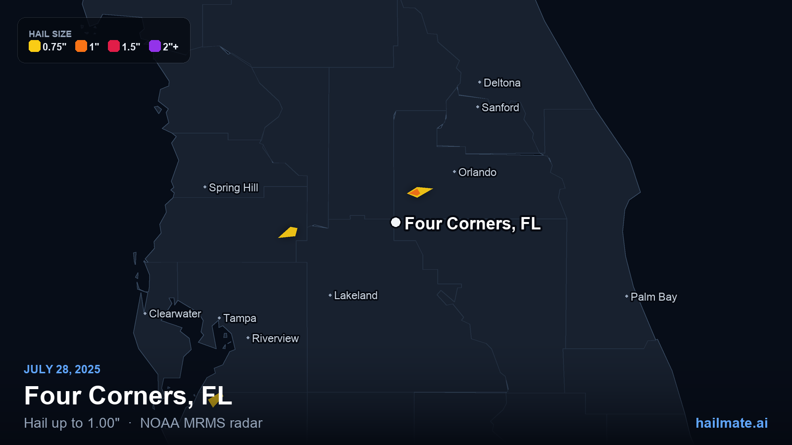 Hail swath map for Four Corners, FL on July 28, 2025 showing 1.00 inch hail.