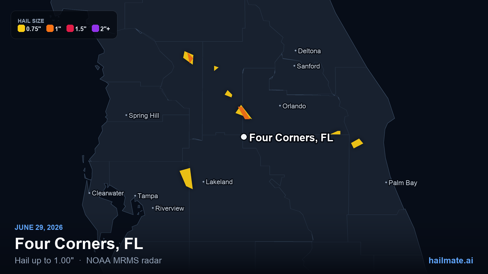 Hail swath map for Four Corners, FL on June 29, 2026 showing 1.00 inch hail.