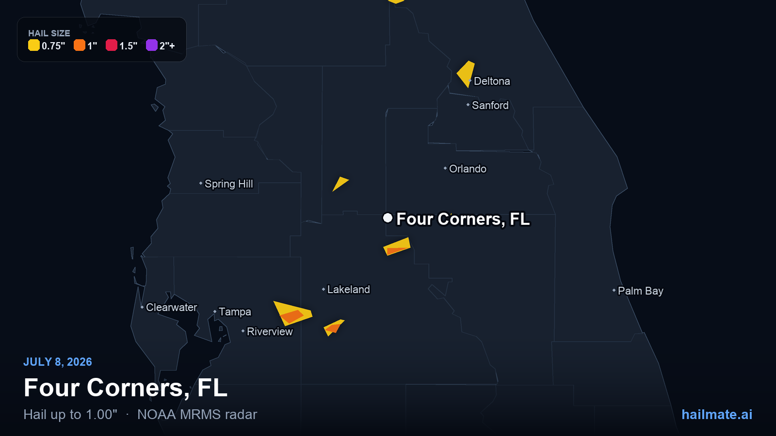 Hail swath map for Four Corners, FL on July 8, 2026 showing 1.00 inch hail.
