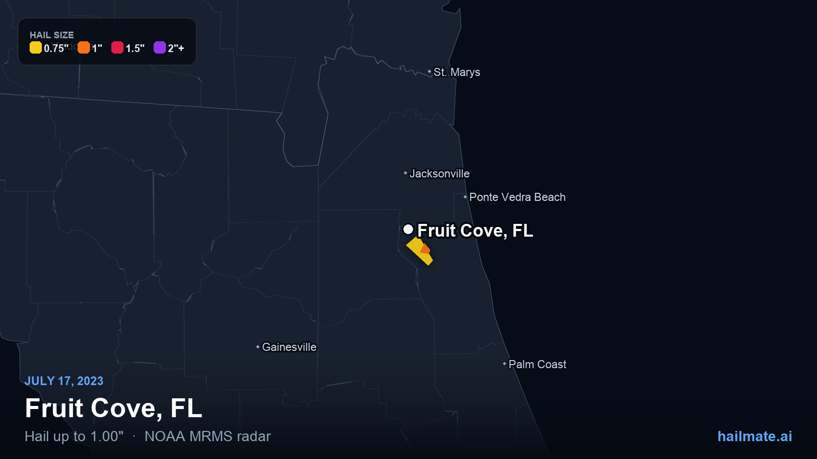 Hail swath map for Fruit Cove, FL on July 17, 2023 showing 1.00 inch hail.