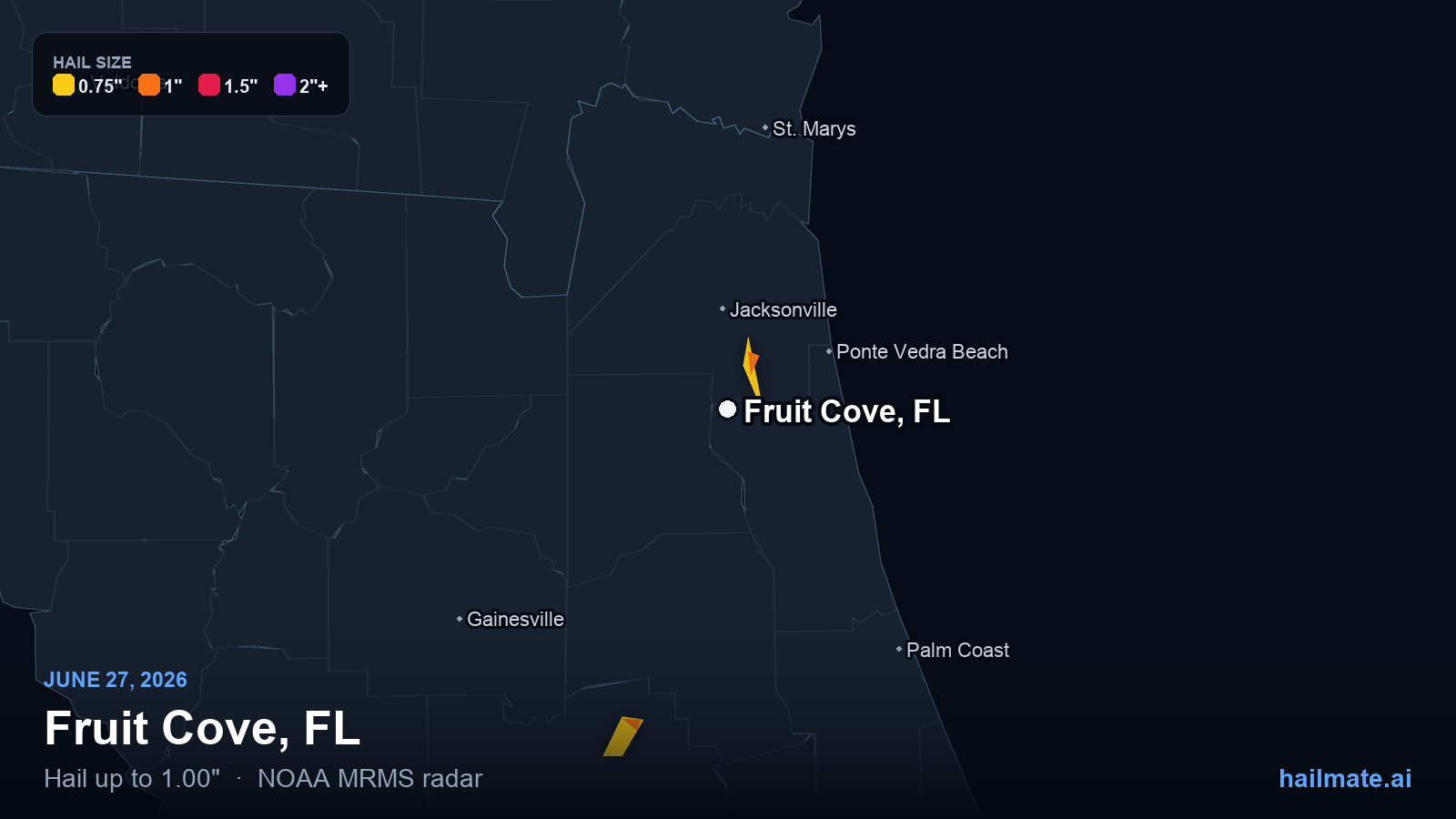 Hail swath map for Fruit Cove, FL on June 27, 2026 showing 1.00 inch hail.