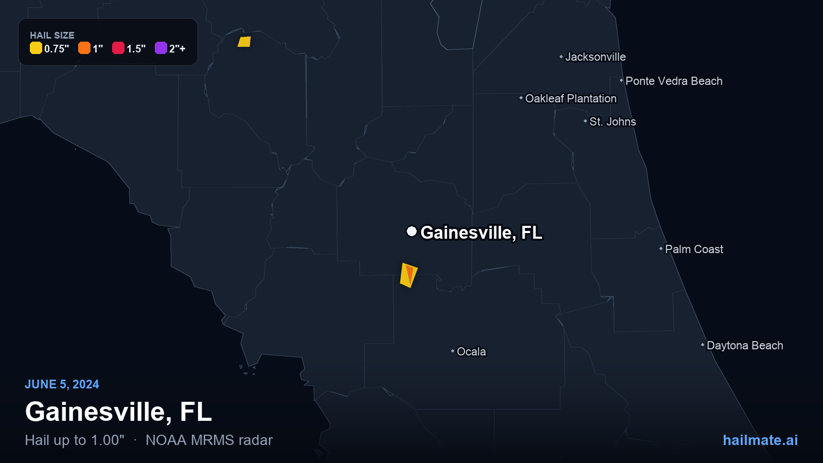 Hail swath map for Gainesville, FL on June 5, 2024 showing 1.00 inch hail.