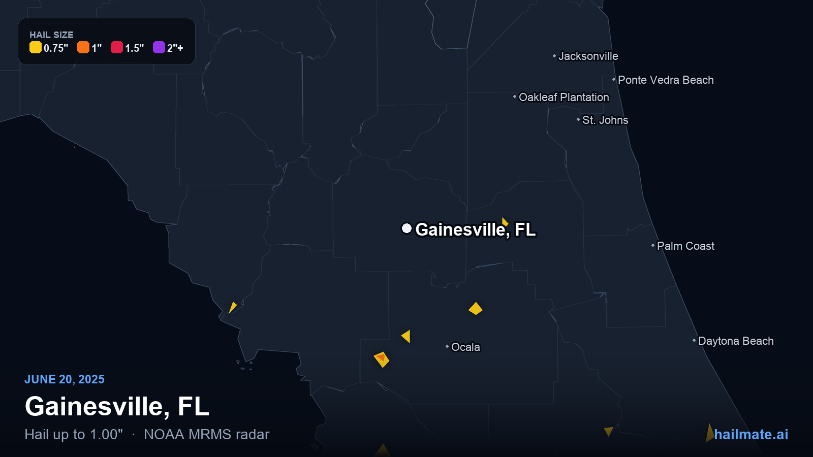 Hail swath map for Gainesville, FL on June 20, 2025 showing 1.00 inch hail.