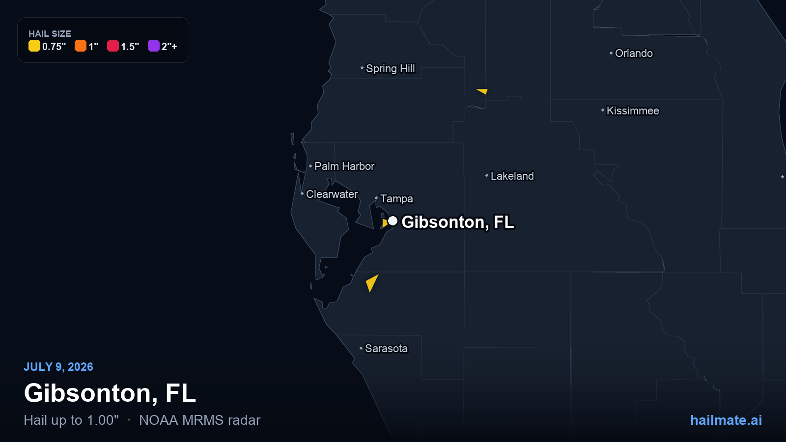 Hail swath map for Gibsonton, FL on July 9, 2026 showing 1.00 inch hail.
