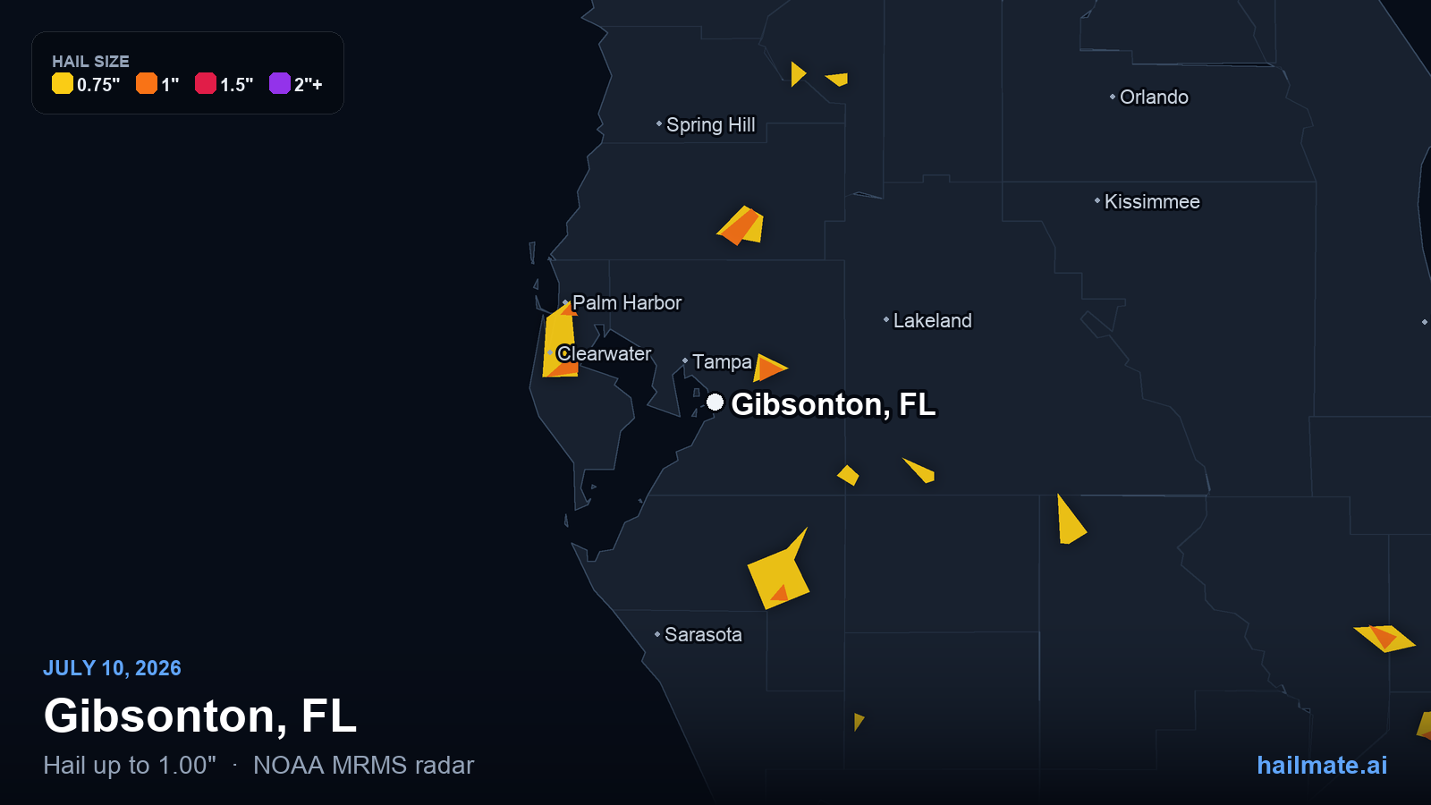 Hail swath map for Gibsonton, FL on July 10, 2026 showing 1.00 inch hail.