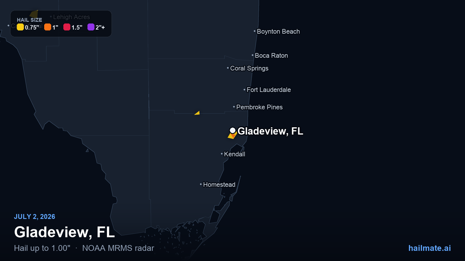 Hail swath map for Gladeview, FL on July 2, 2026 showing 1.00 inch hail.