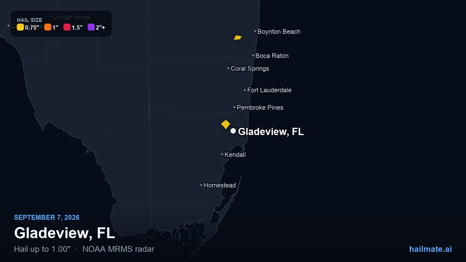 Hail swath map for Gladeview, FL on September 7, 2026 showing 1.00 inch hail.