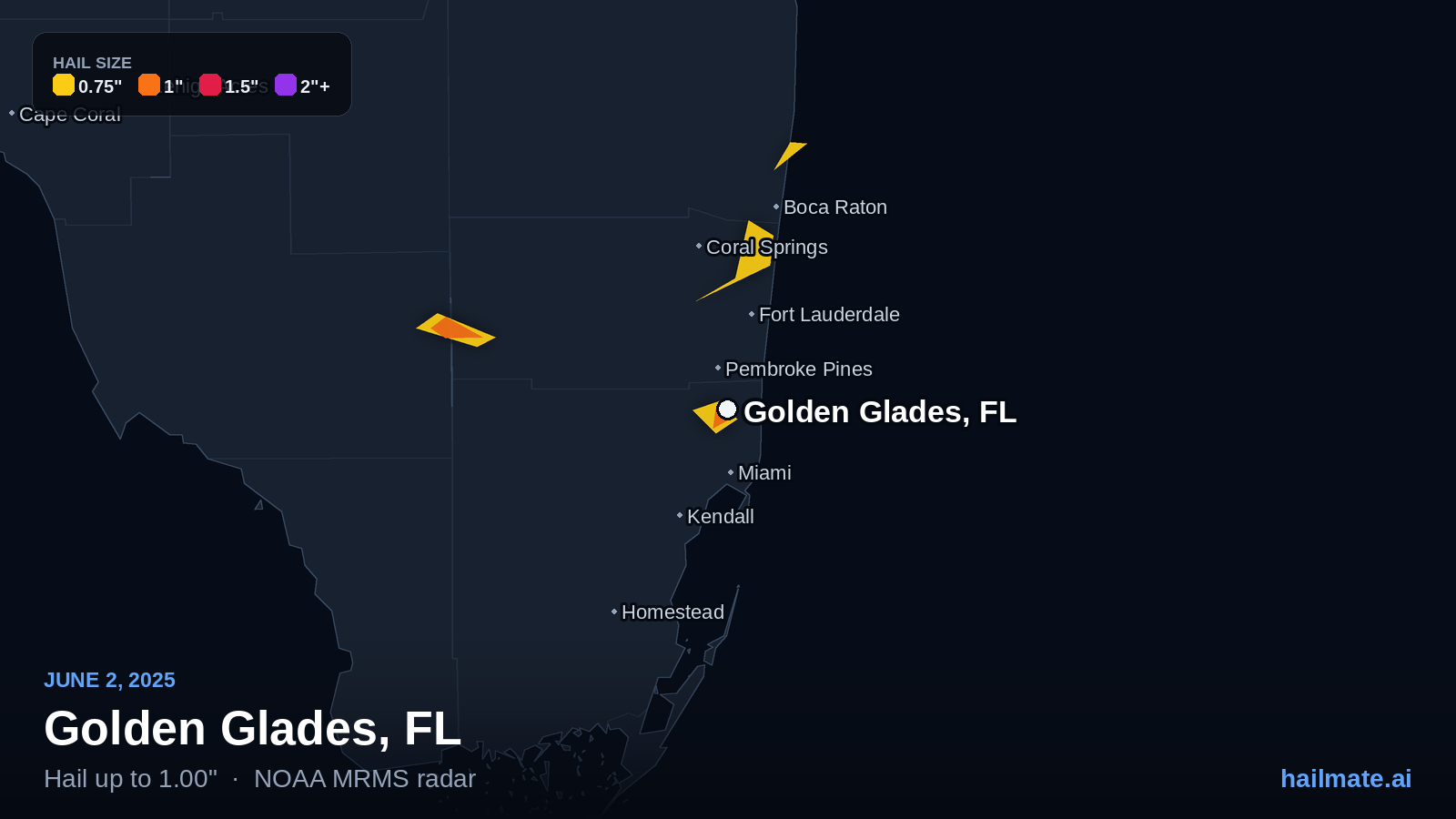 Hail swath map for Golden Glades, FL on June 2, 2025 showing 1.00 inch hail.