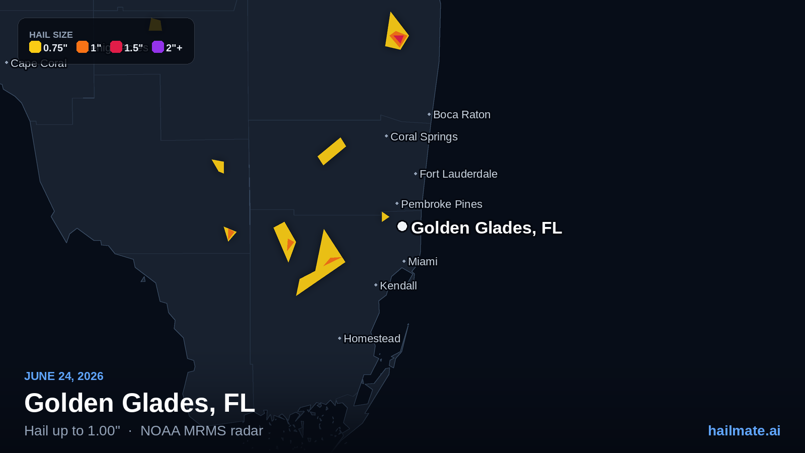 Hail swath map for Golden Glades, FL on June 24, 2026 showing 1.00 inch hail.