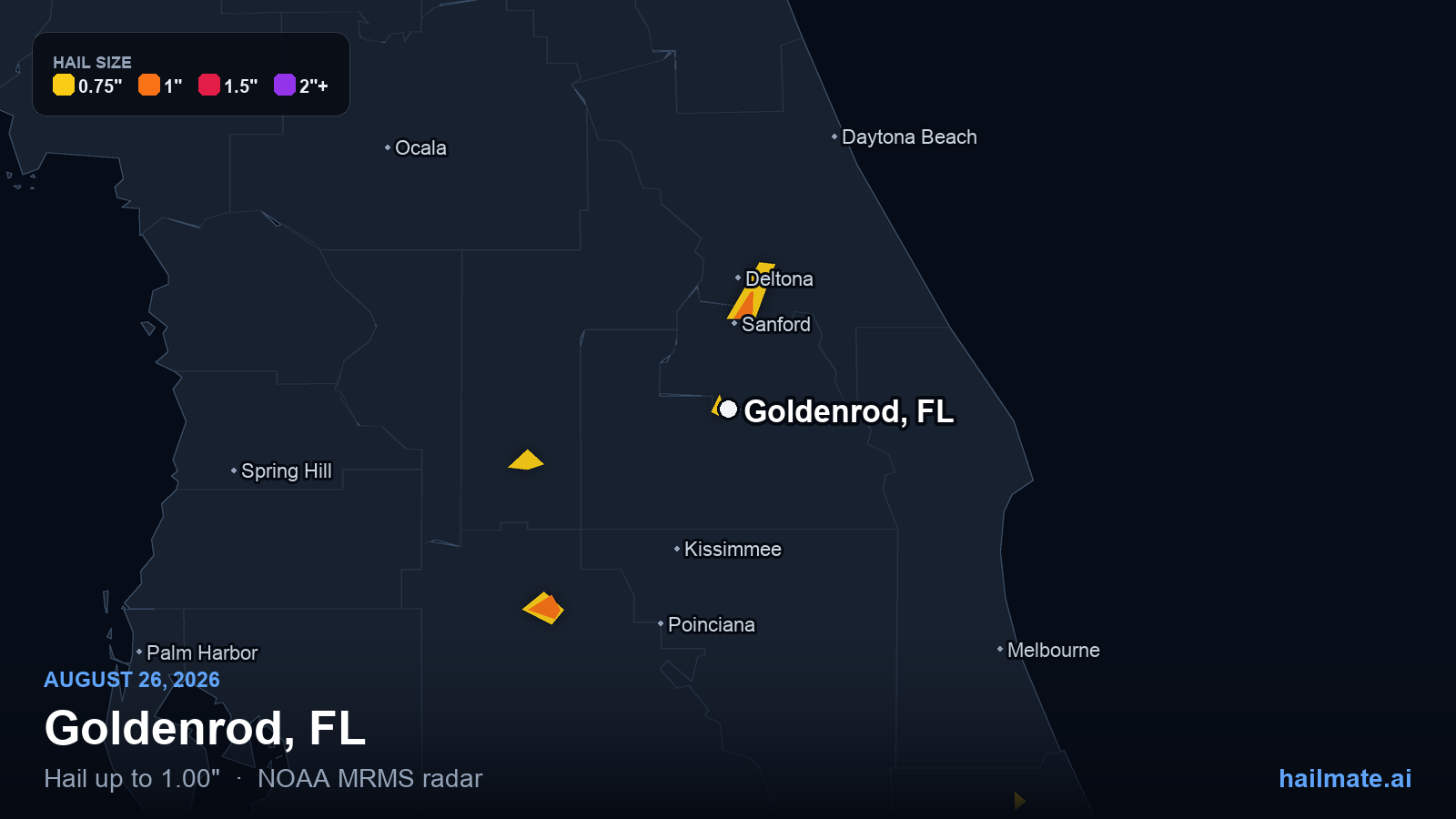 Hail swath map for Goldenrod, FL on August 26, 2026 showing 1.00 inch hail.