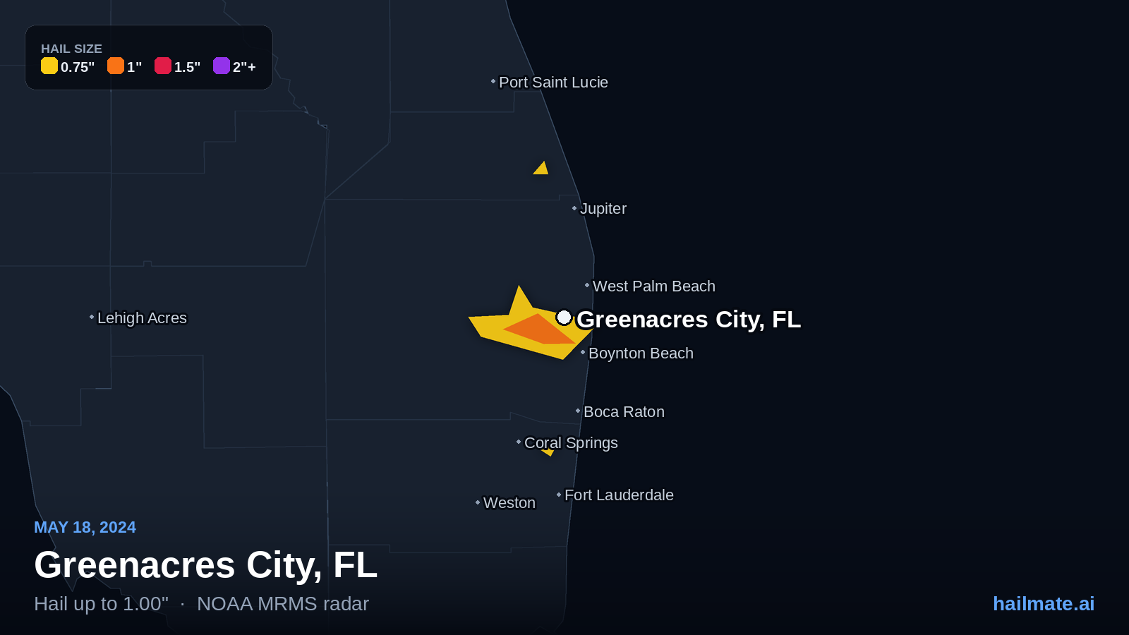 Hail swath map for Greenacres City, FL on May 18, 2024 showing 1.00 inch hail.