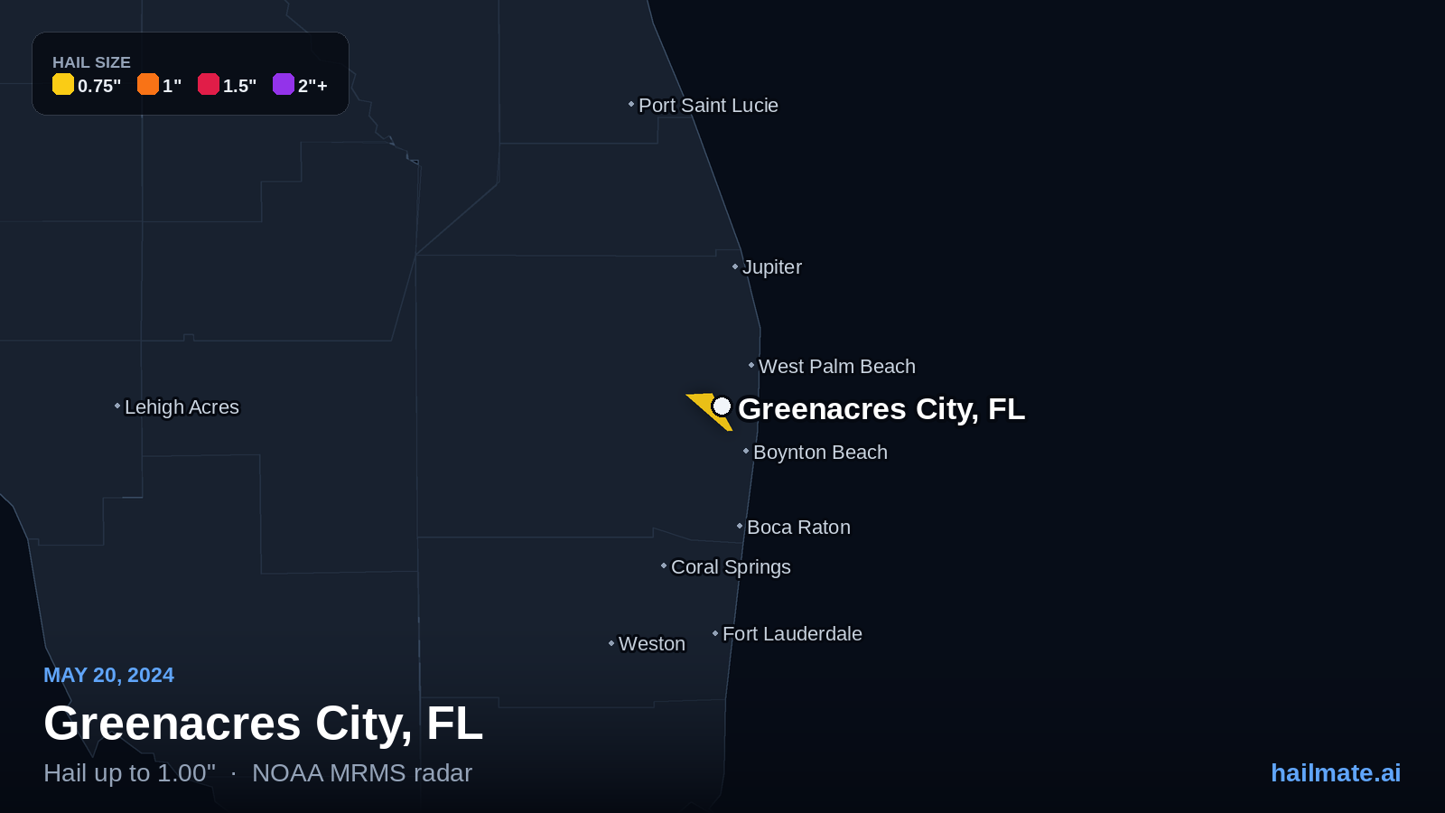 Hail swath map for Greenacres City, FL on May 20, 2024 showing 1.00 inch hail.