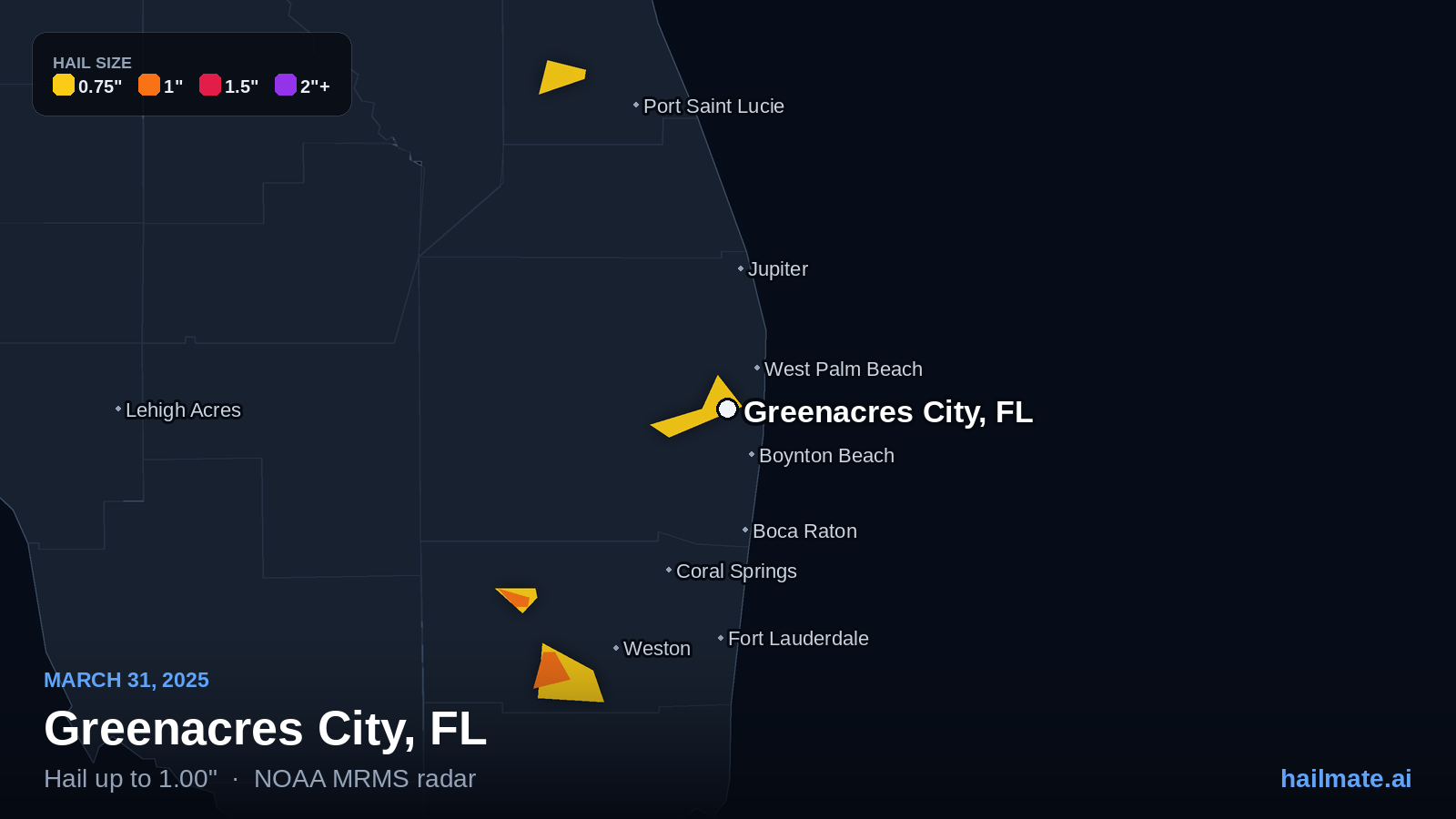 Hail swath map for Greenacres City, FL on March 31, 2025 showing 1.00 inch hail.