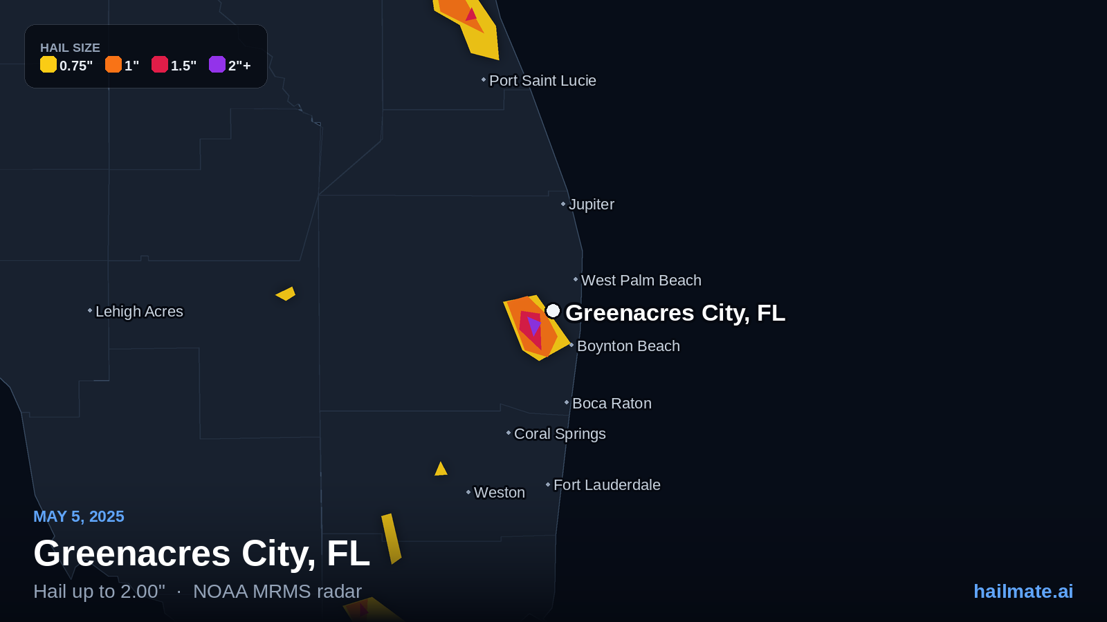 Hail swath map for Greenacres City, FL on May 5, 2025 showing 2.00 inch hail.