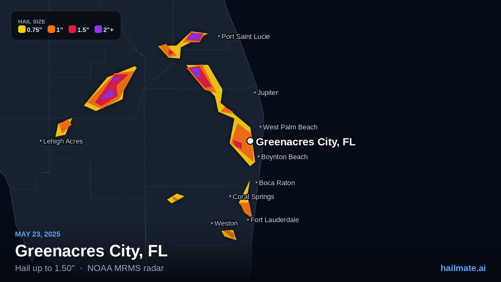 Hail swath map for Greenacres City, FL on May 23, 2025 showing 1.50 inch hail.