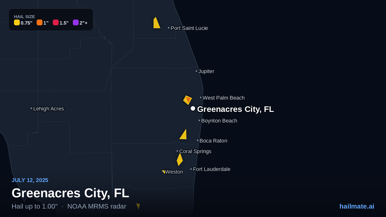 Hail swath map for Greenacres City, FL on July 12, 2025 showing 1.00 inch hail.