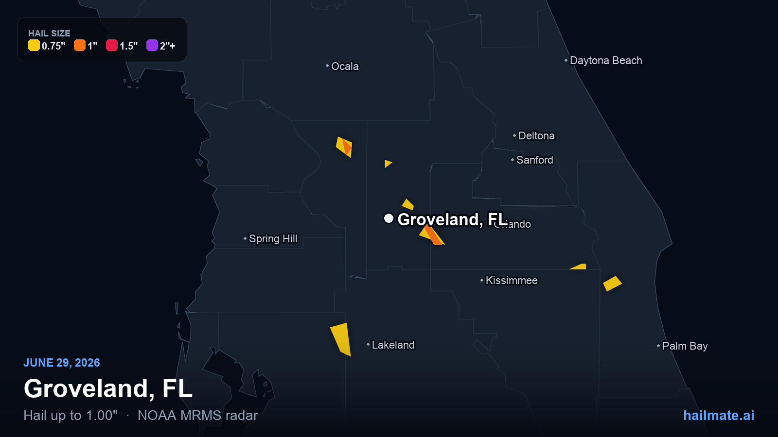 Hail swath map for Groveland, FL on June 29, 2026 showing 1.00 inch hail.