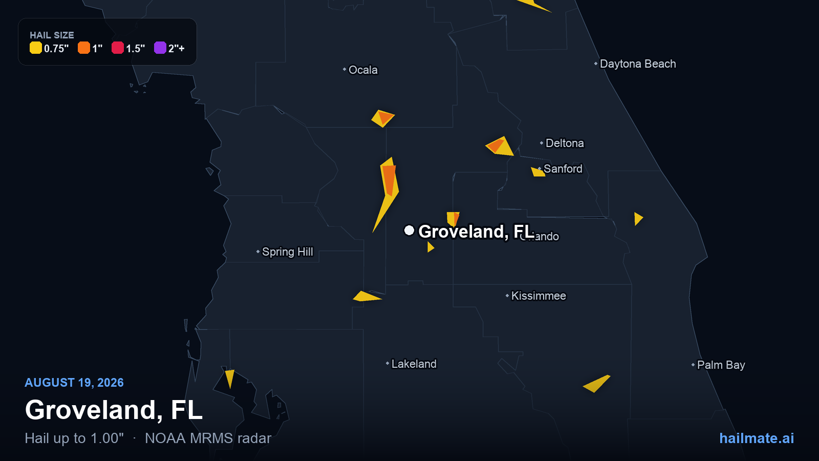 Hail swath map for Groveland, FL on August 19, 2026 showing 1.00 inch hail.