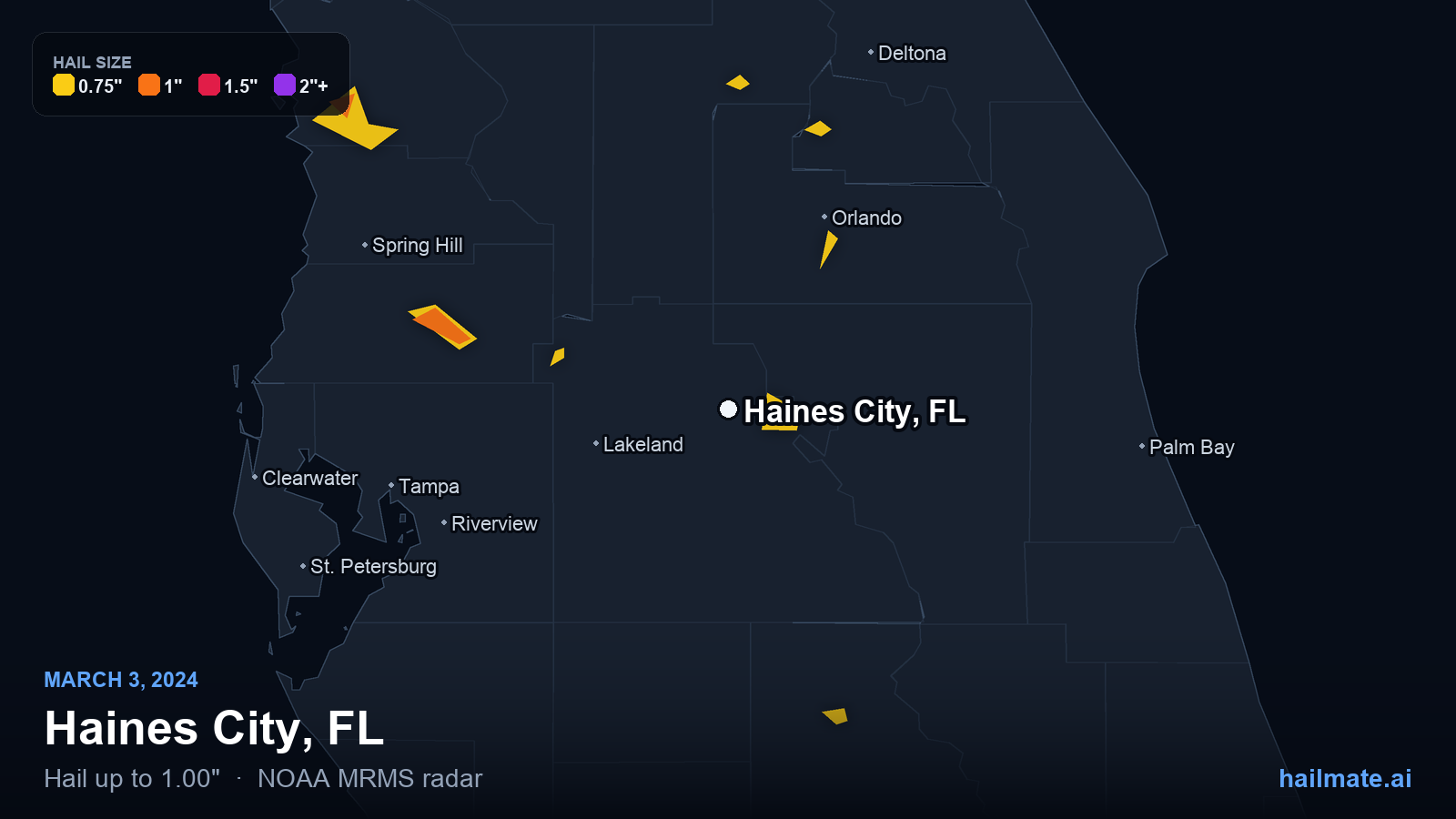 Hail swath map for Haines City, FL on March 3, 2024 showing 1.00 inch hail.