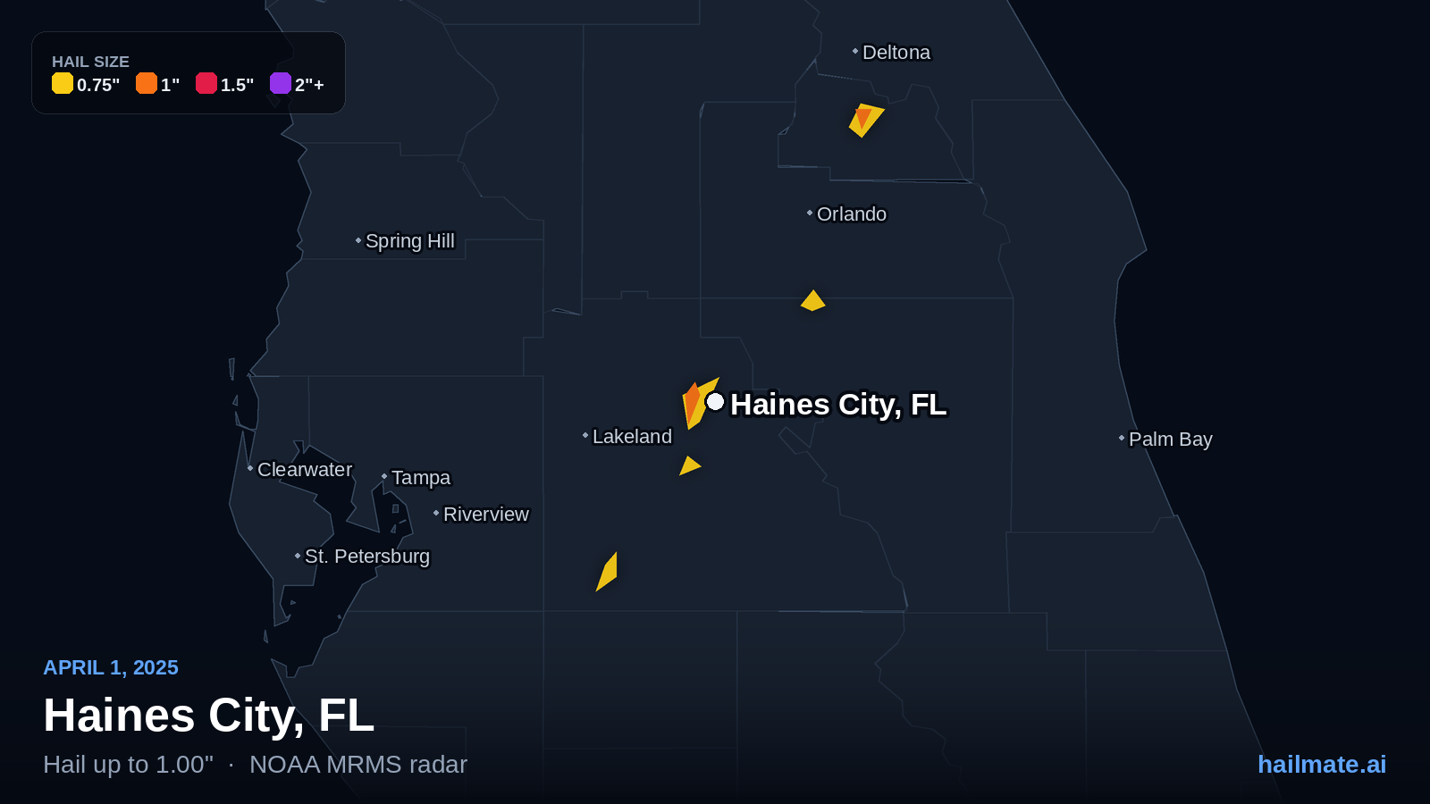 Hail swath map for Haines City, FL on April 1, 2025 showing 1.00 inch hail.
