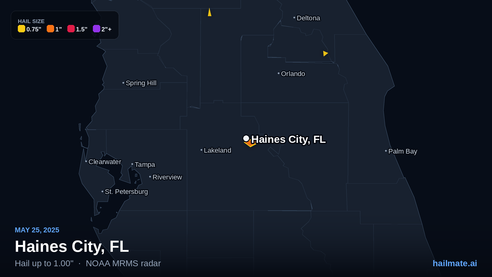 Hail swath map for Haines City, FL on May 25, 2025 showing 1.00 inch hail.