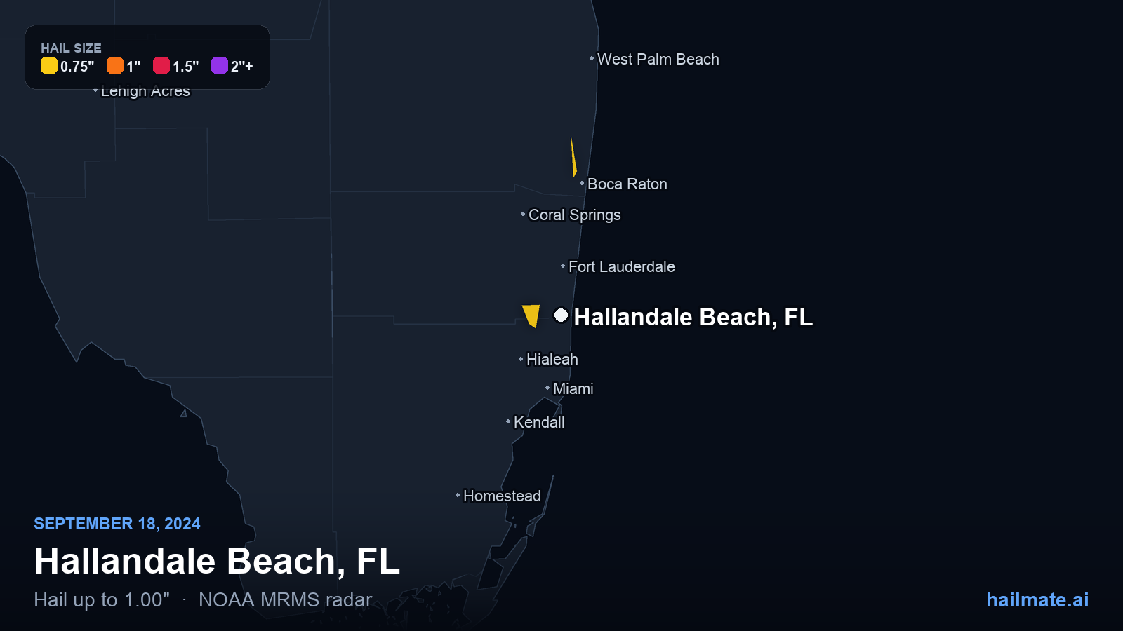 Hail swath map for Hallandale Beach, FL on September 18, 2024 showing 1.00 inch hail.