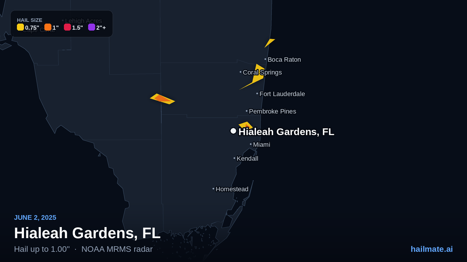 Hail swath map for Hialeah Gardens, FL on June 2, 2025 showing 1.00 inch hail.