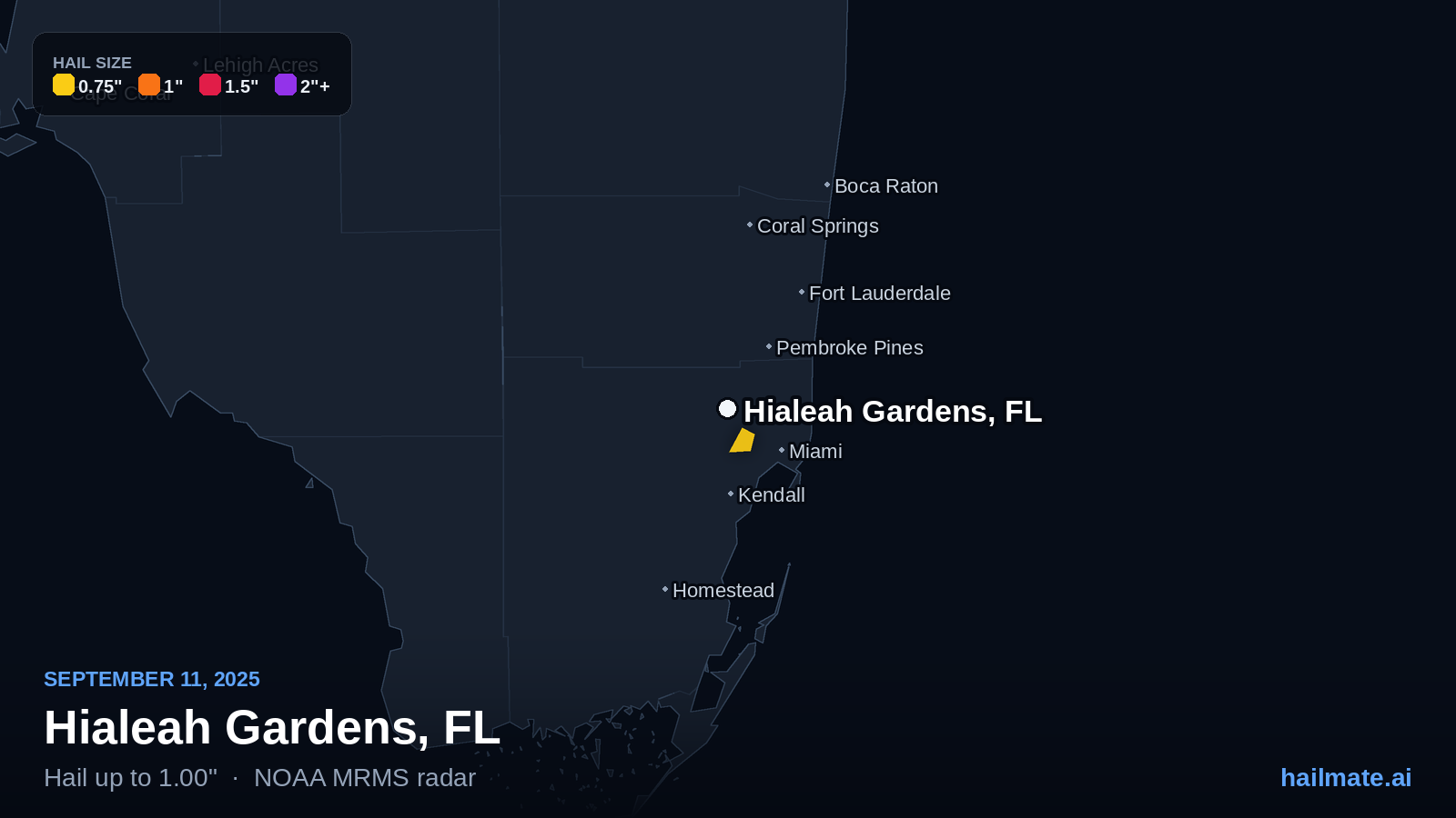 Hail swath map for Hialeah Gardens, FL on September 11, 2025 showing 1.00 inch hail.