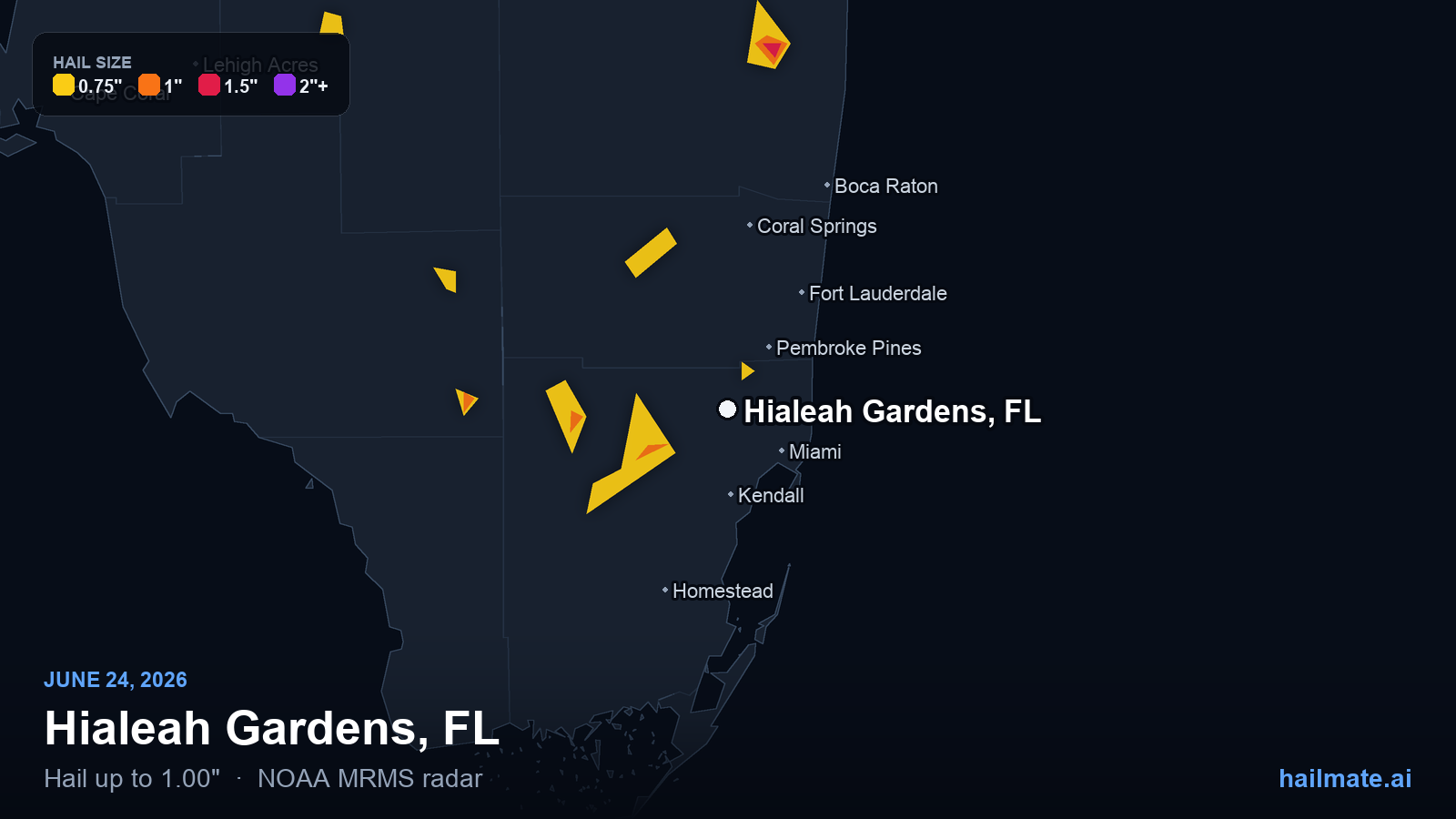 Hail swath map for Hialeah Gardens, FL on June 24, 2026 showing 1.00 inch hail.