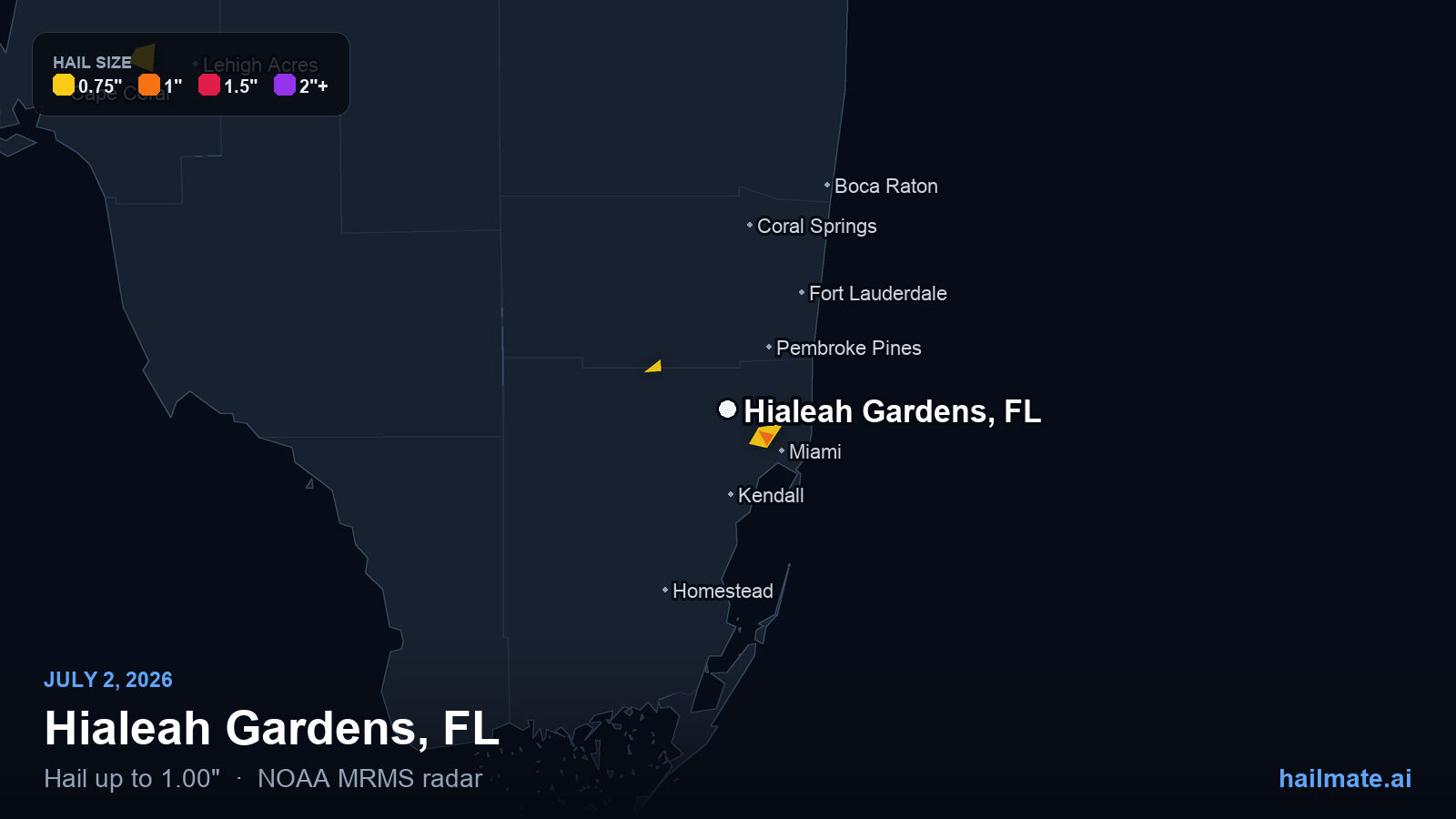 Hail swath map for Hialeah Gardens, FL on July 2, 2026 showing 1.00 inch hail.