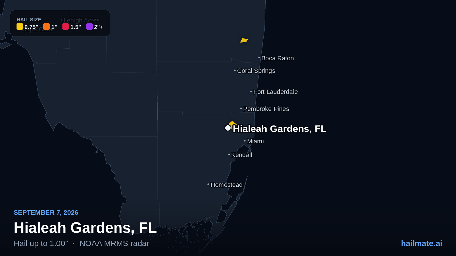 Hail swath map for Hialeah Gardens, FL on September 7, 2026 showing 1.00 inch hail.
