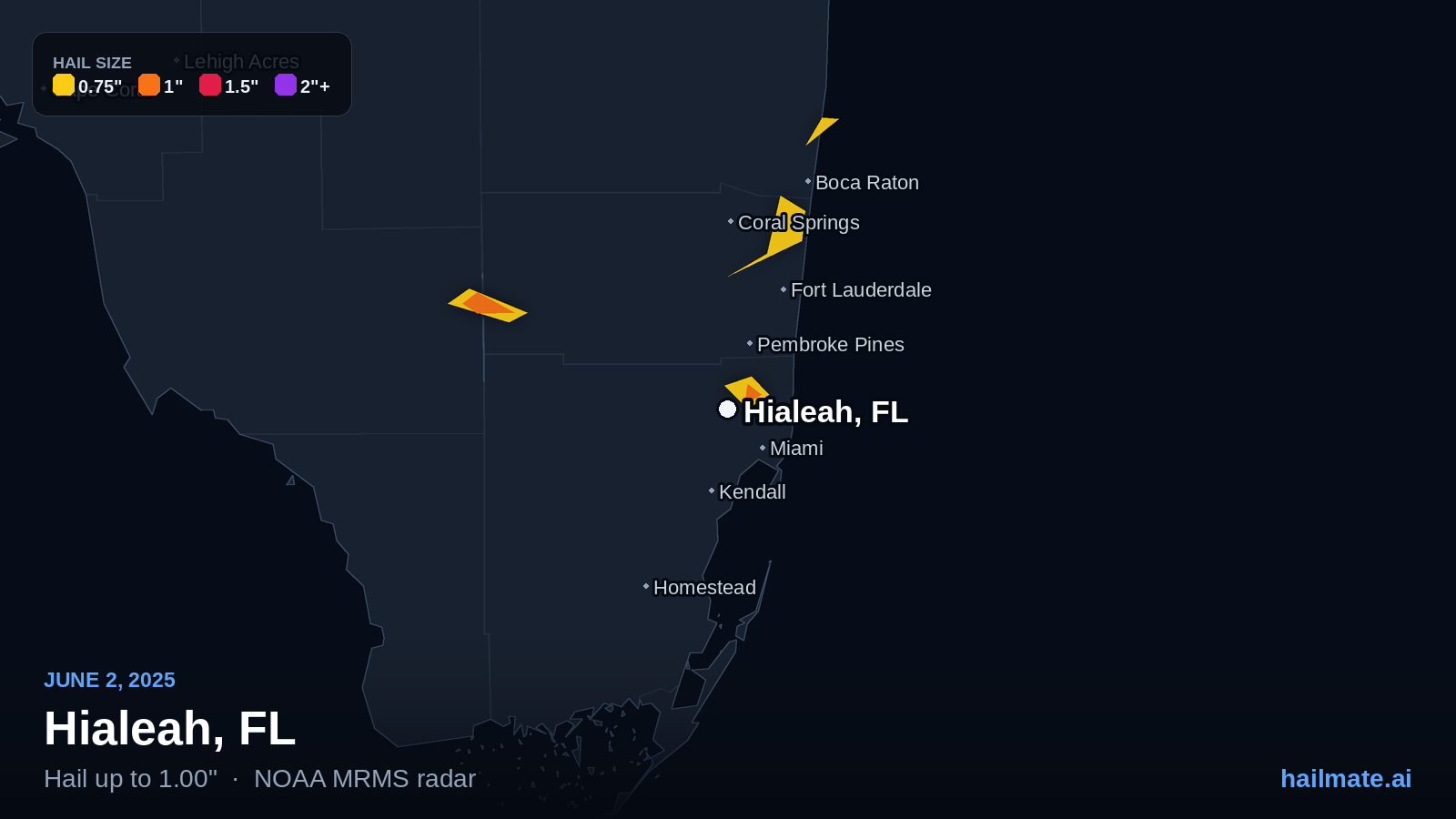 Hail swath map for Hialeah, FL on June 2, 2025 showing 1.00 inch hail.